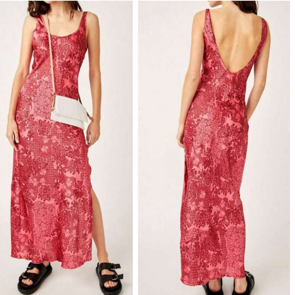 Free People NEW Worth the Wait Bias Slip Dress Floral Maxi Cherry Red Pink XS